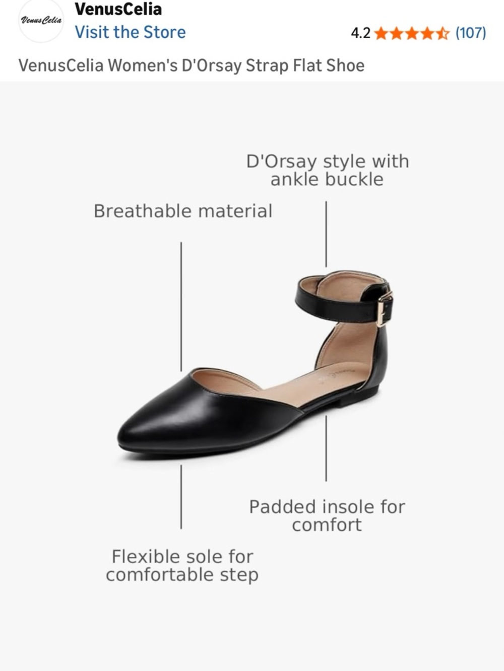 Women's Black Pointed Ankle-Strap Flats - Picture 2 of 3